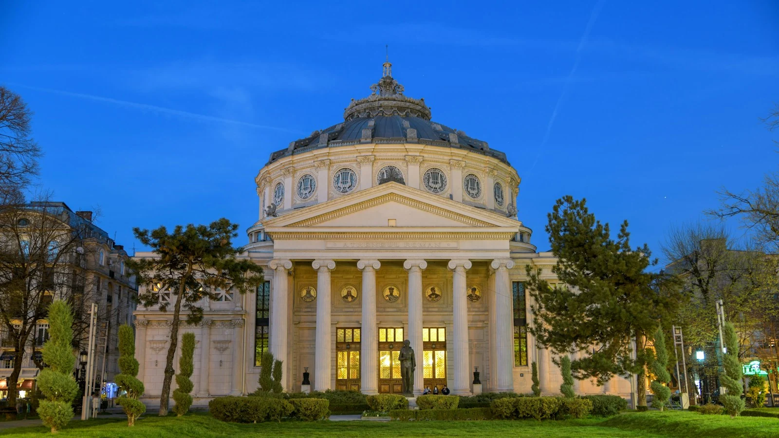 The illuminated Romanian Athenaeum in Bucharest